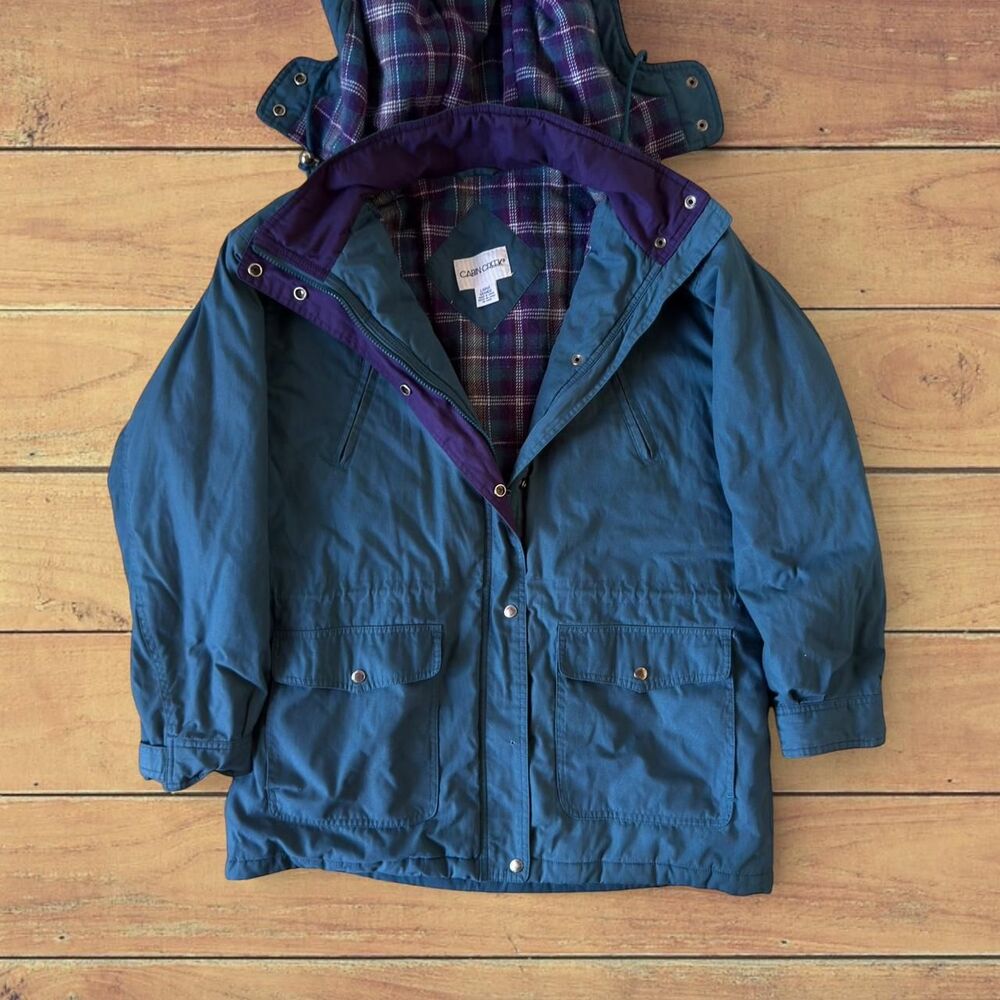 Cabin Creek blue hooded jacket with removable hood with plaid lining Size L